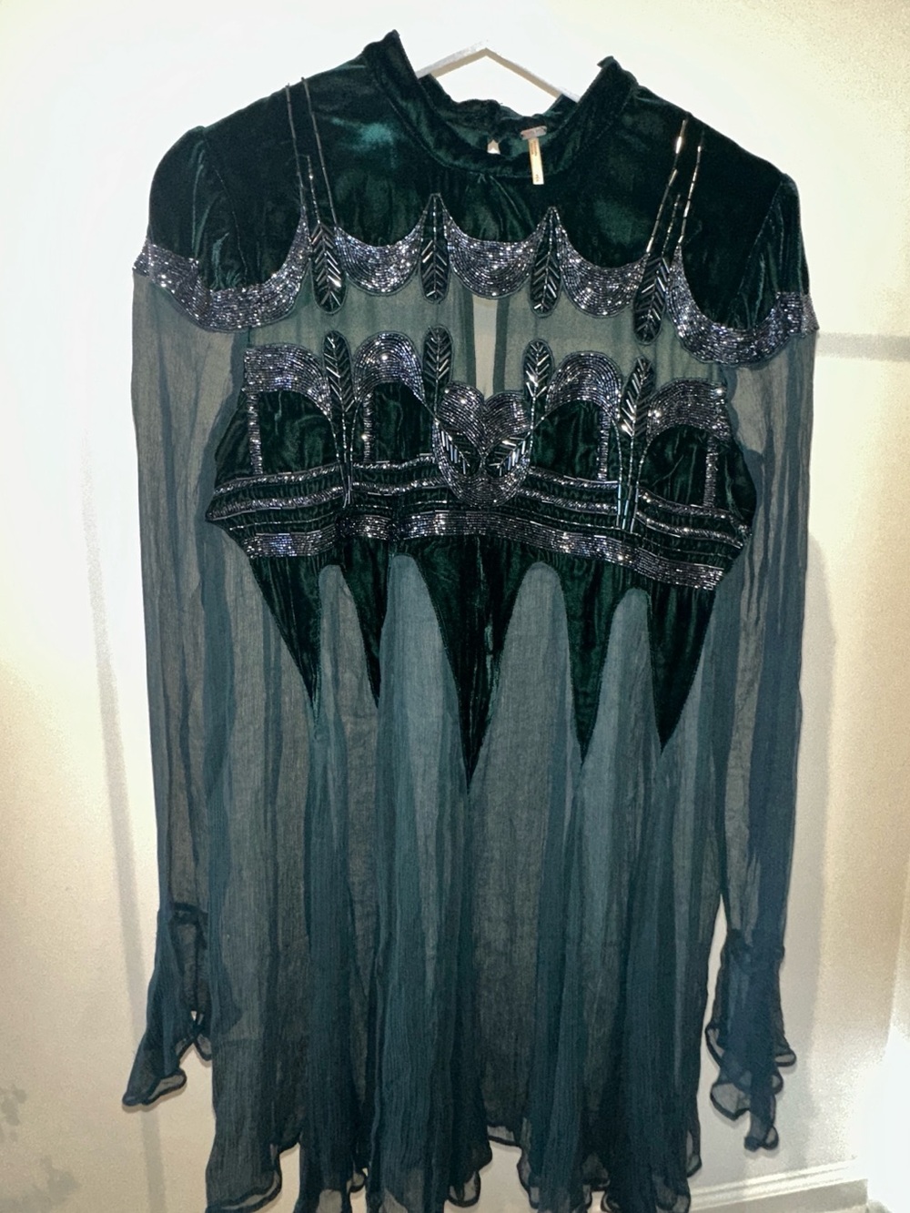 Vintage Y2K Free People Green Velvet Sheer Sequin Long Sleeve Mini Dress S